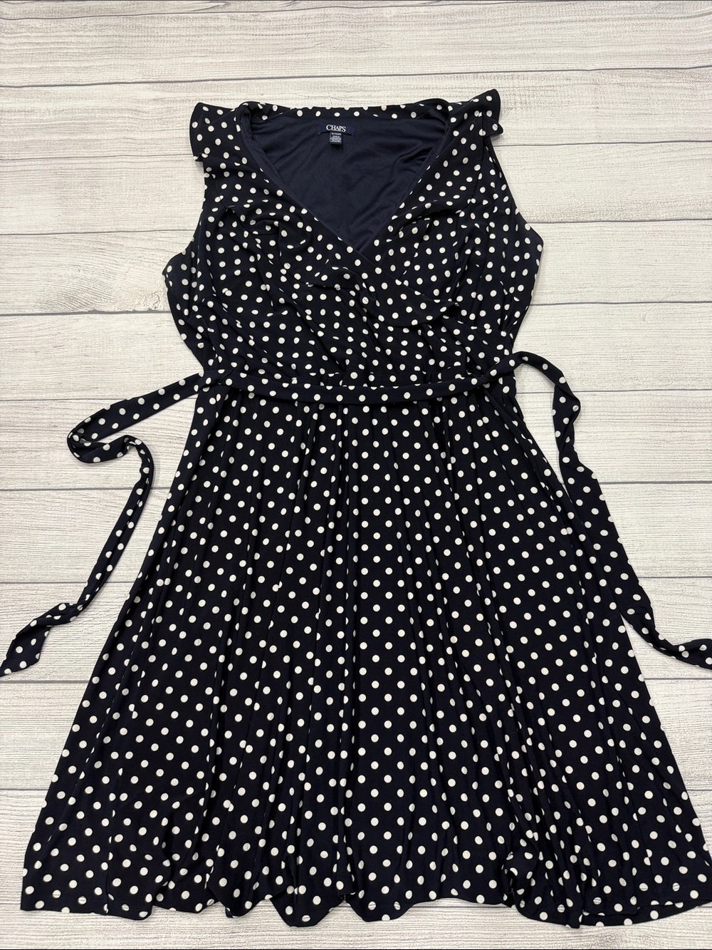 Chaps XL Navy Blue Polka Dot Ruffle Faux Wrap Tie Waist Dress
